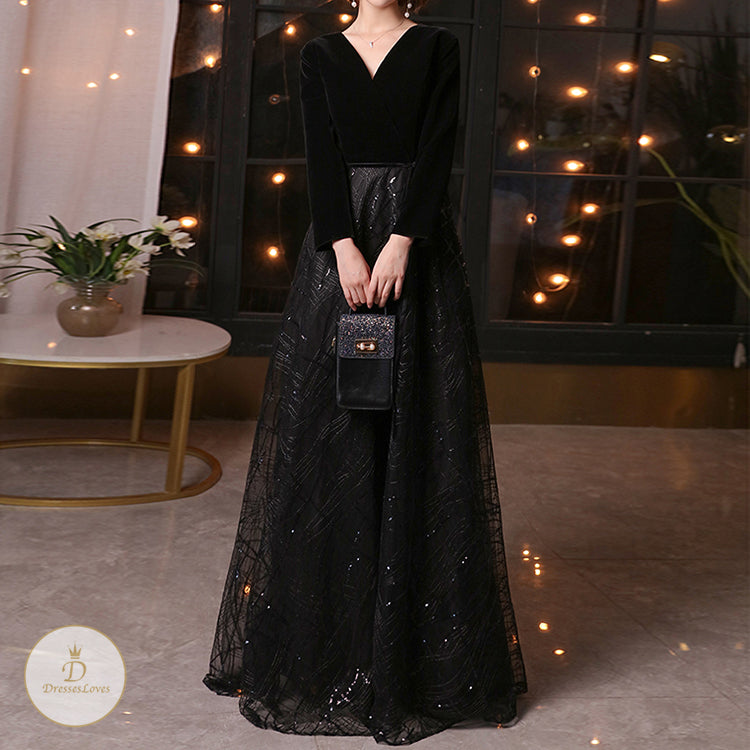 #7563 VELVET LONG SLEEVE EVENING DRESS