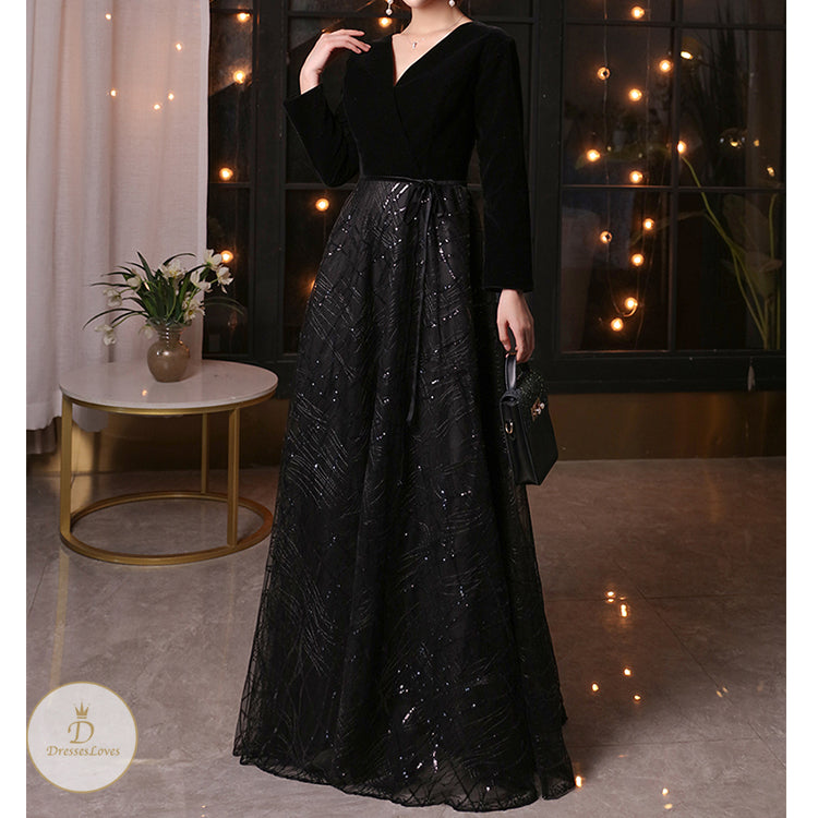 #7563 VELVET LONG SLEEVE EVENING DRESS