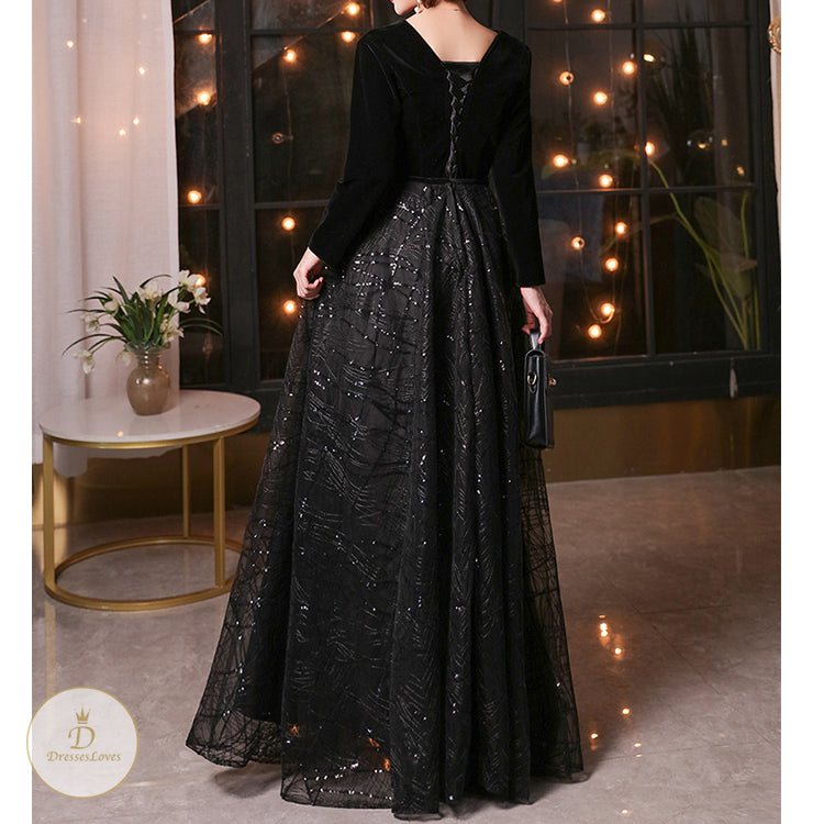 #7563 VELVET LONG SLEEVE EVENING DRESS