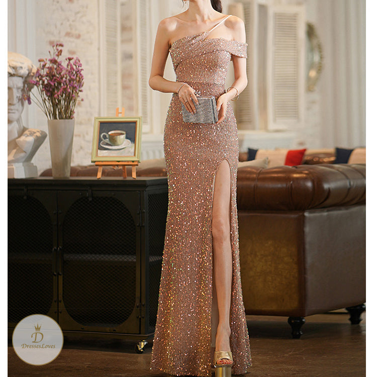 #7628 ONE-SHOULDER STRAP DESIGN EVENING DRESS