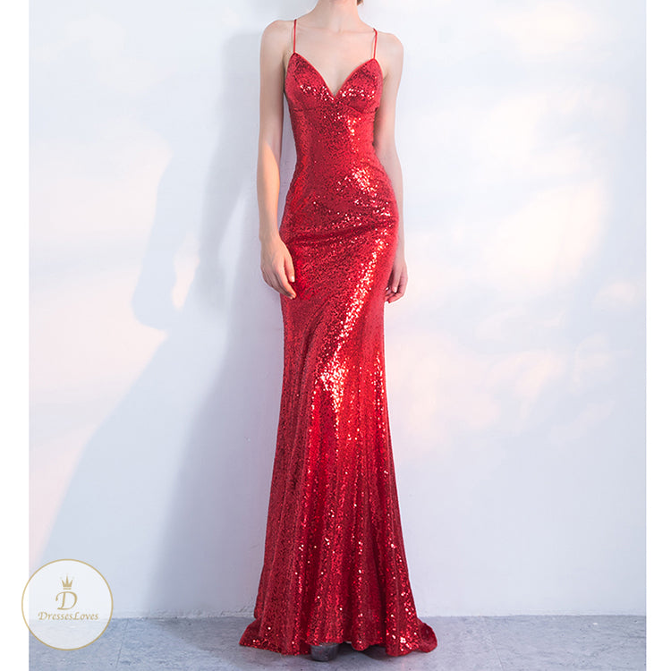 #7690 STRAP SEQUIN EVENING DRESS