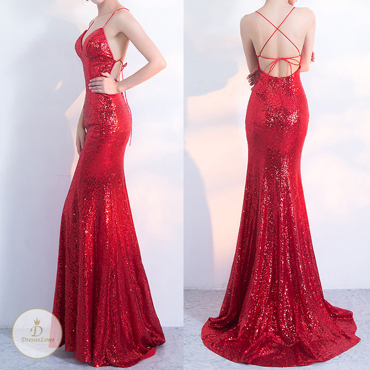 #7690 STRAP SEQUIN EVENING DRESS