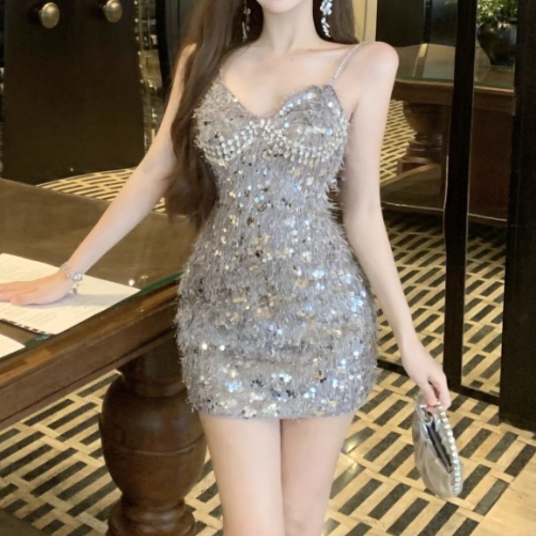 #7902 LUXE SEQUIN FRINGE RHINESTONE DRESS