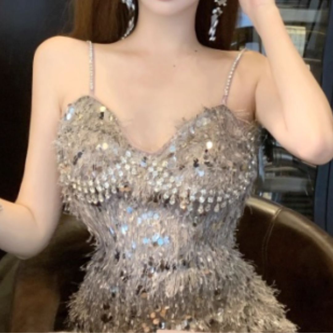 #7902 LUXE SEQUIN FRINGE RHINESTONE DRESS