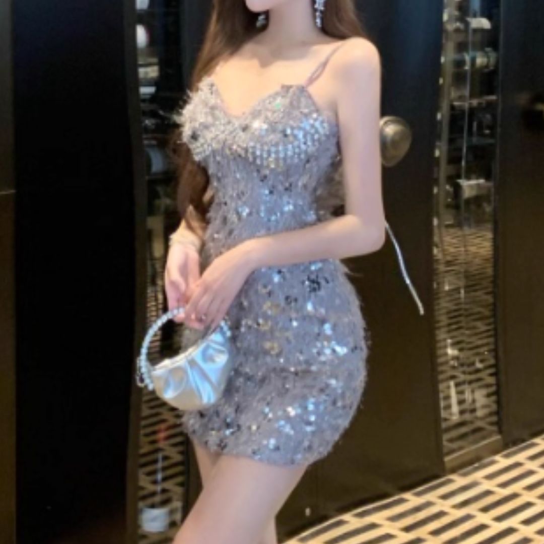#7902 LUXE SEQUIN FRINGE RHINESTONE DRESS