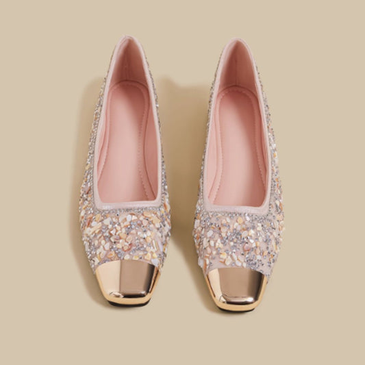 #7907 FLAT ELEGANT PINK MARY JANE SHOES WITH RHINESTONE ACCENTS