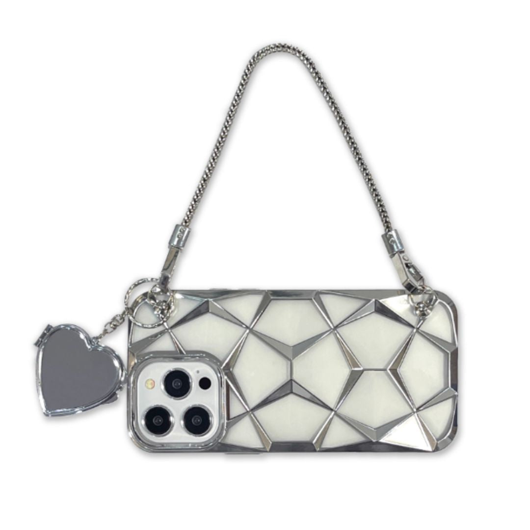 #7910 ELECTROPLATED SILVER 3D DIAMOND HEART HANDHELD CHAIN PHONE CASE