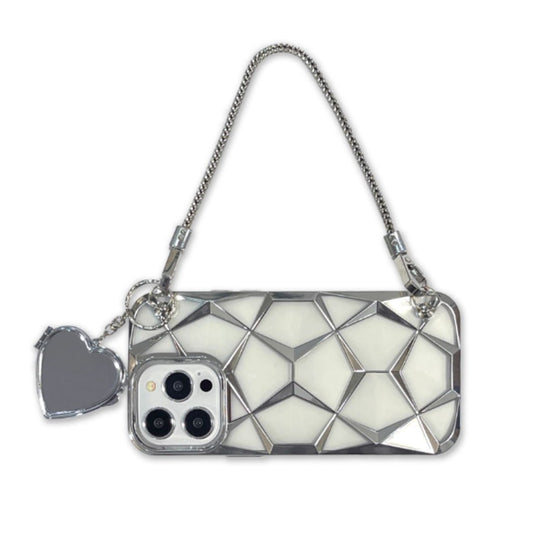 #7910 ELECTROPLATED SILVER 3D DIAMOND HEART HANDHELD CHAIN PHONE CASE