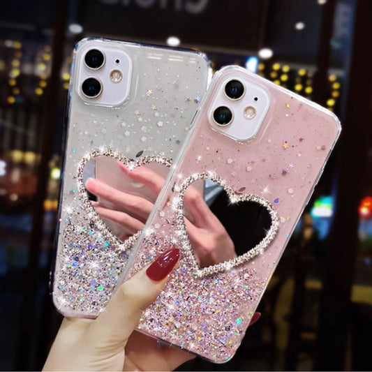 #7911 LUXURY RHINESTONE GLITTER HEART MIRROR PHONE CASE