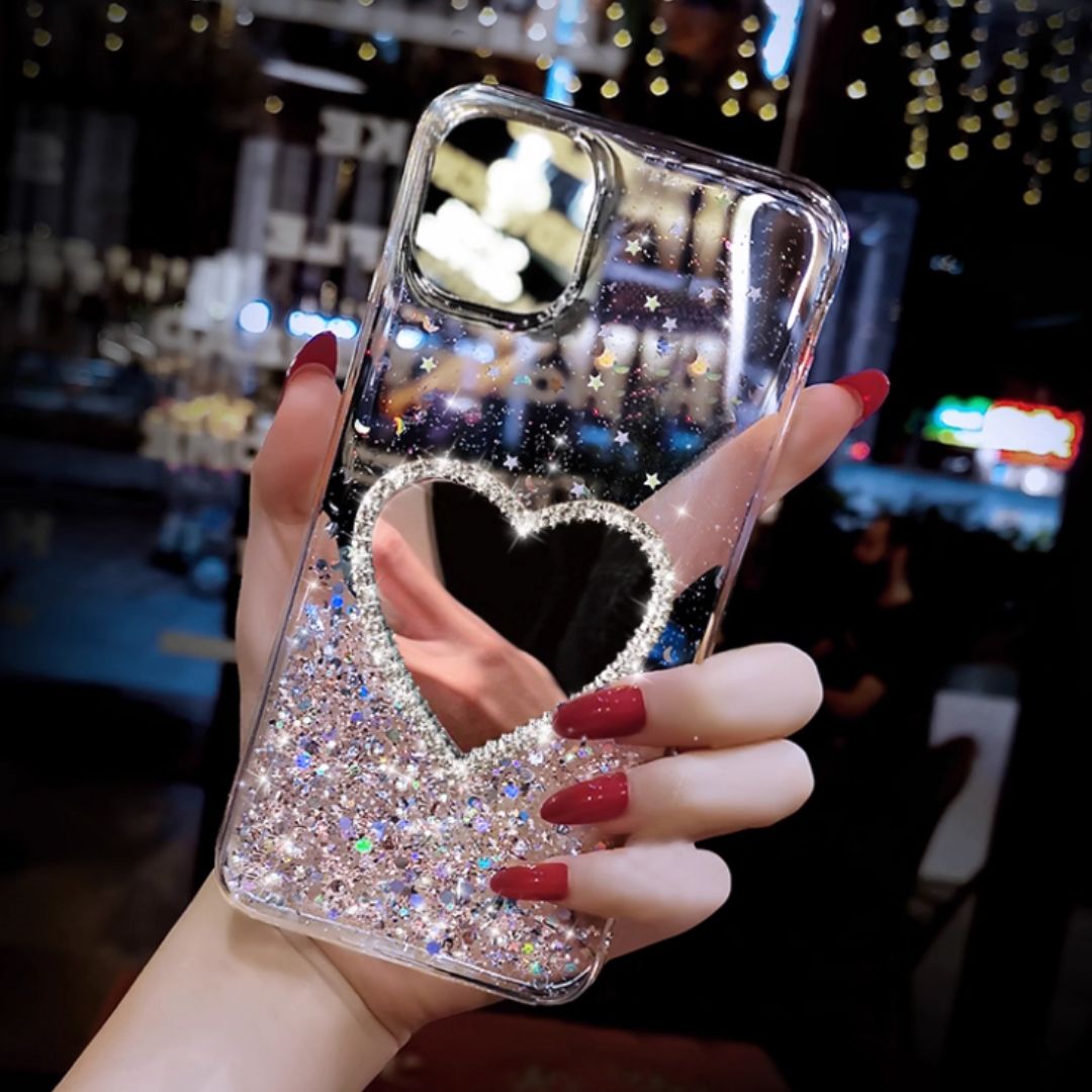 #7911 LUXURY RHINESTONE GLITTER HEART MIRROR PHONE CASE