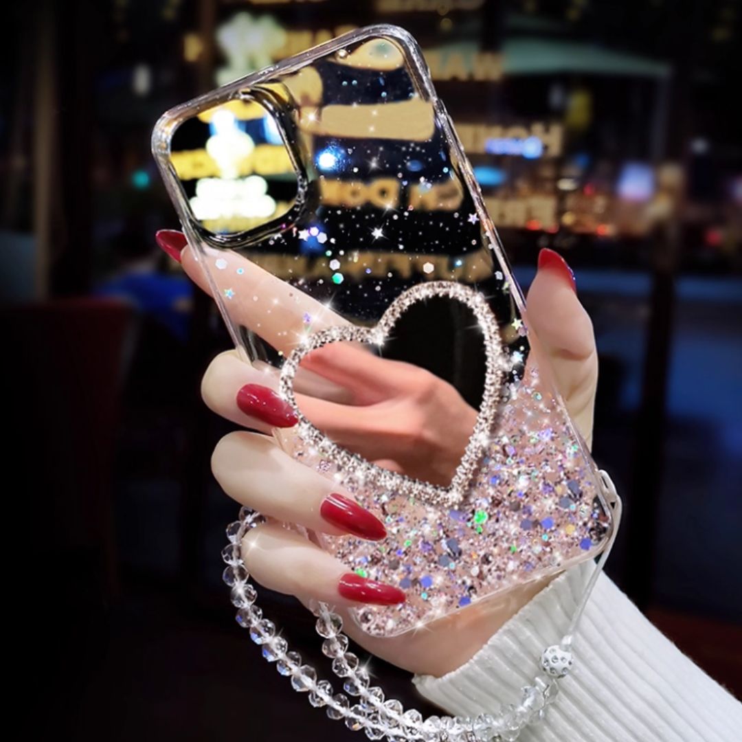 #7911 LUXURY RHINESTONE GLITTER HEART MIRROR PHONE CASE