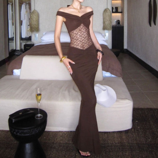 #7914 OFF-SHOULDER LACE INSERT RUCHED BODYCON DRESS