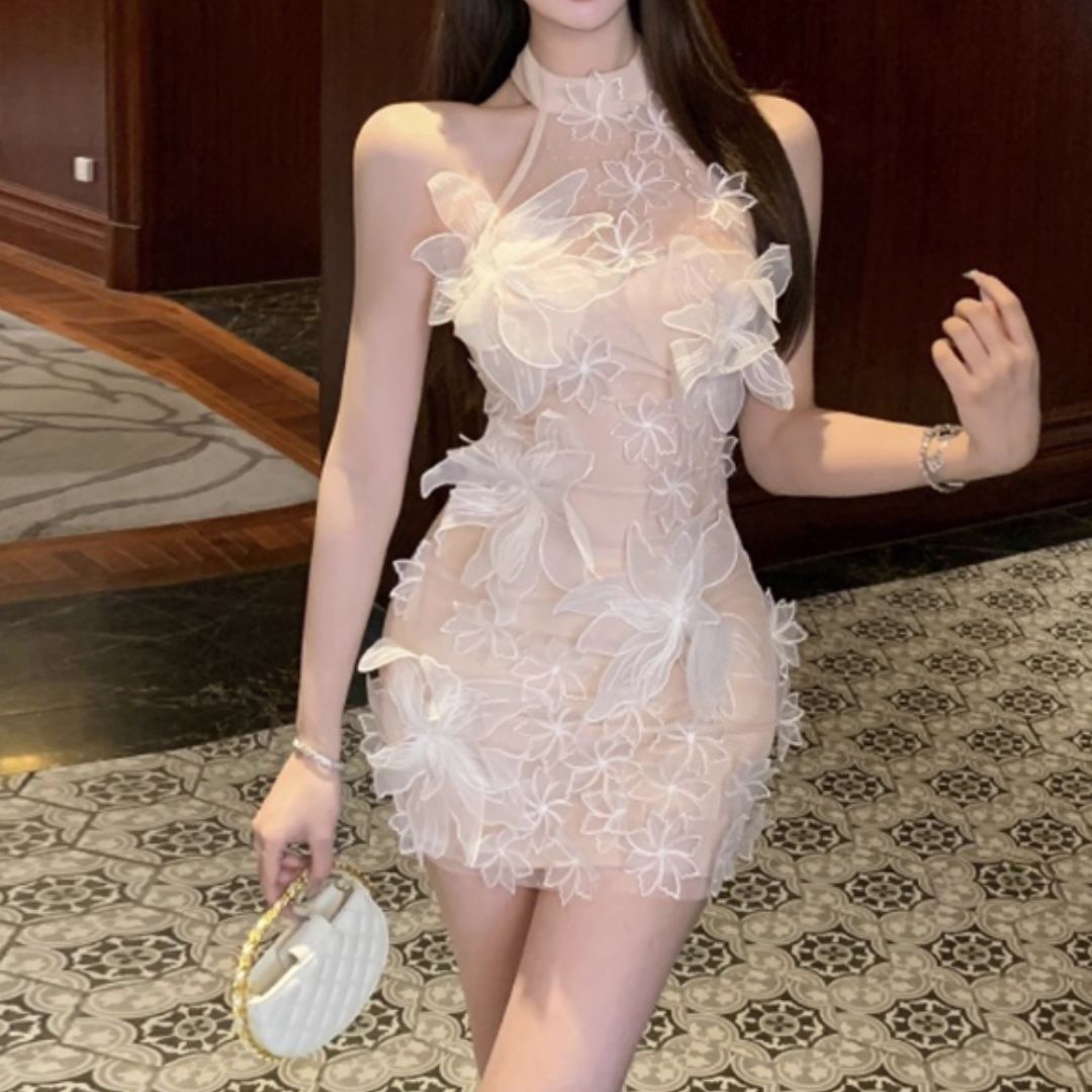 #7915 3D FLORAL MESH HALTER BODYCON MINI DRESS