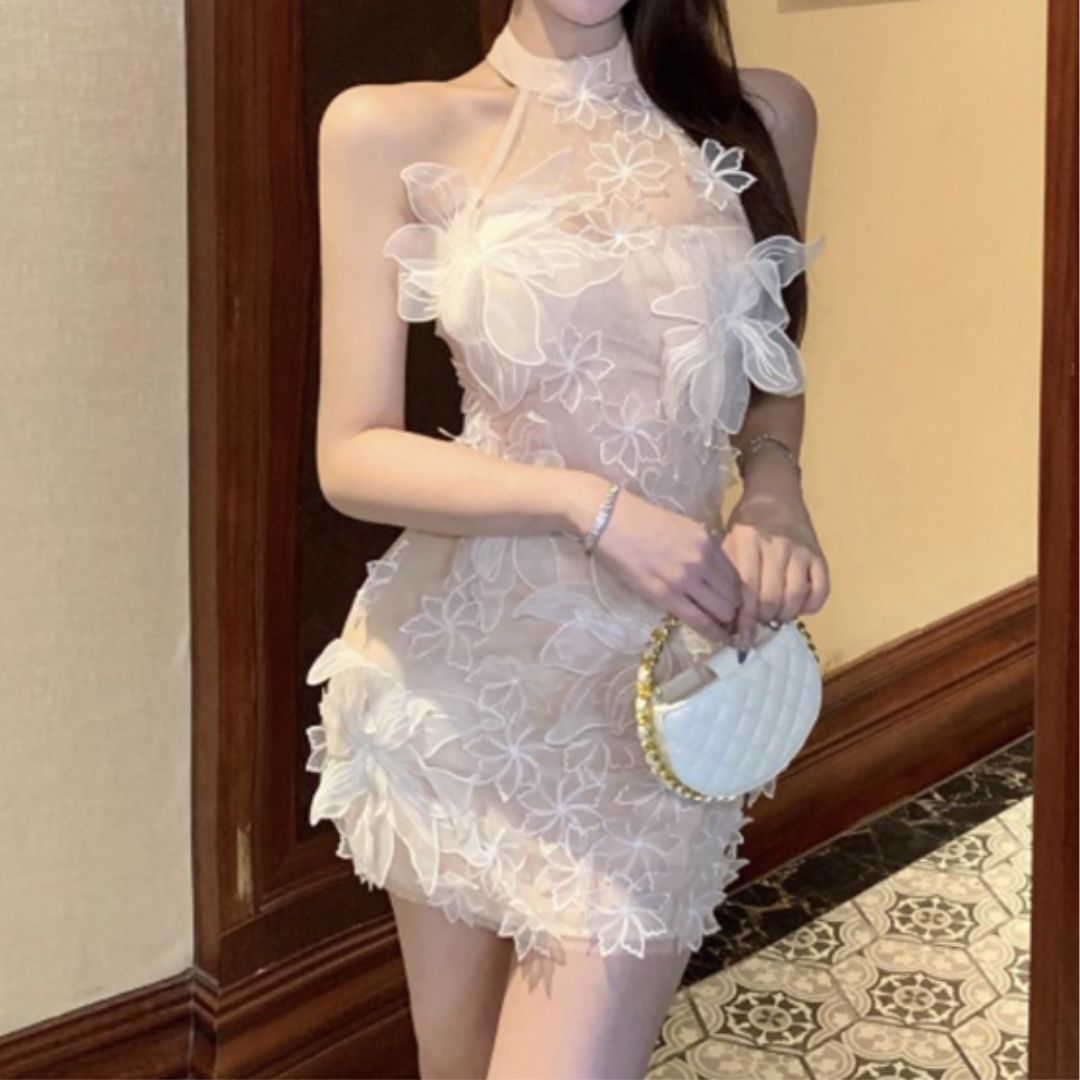 #7915 3D FLORAL MESH HALTER BODYCON MINI DRESS