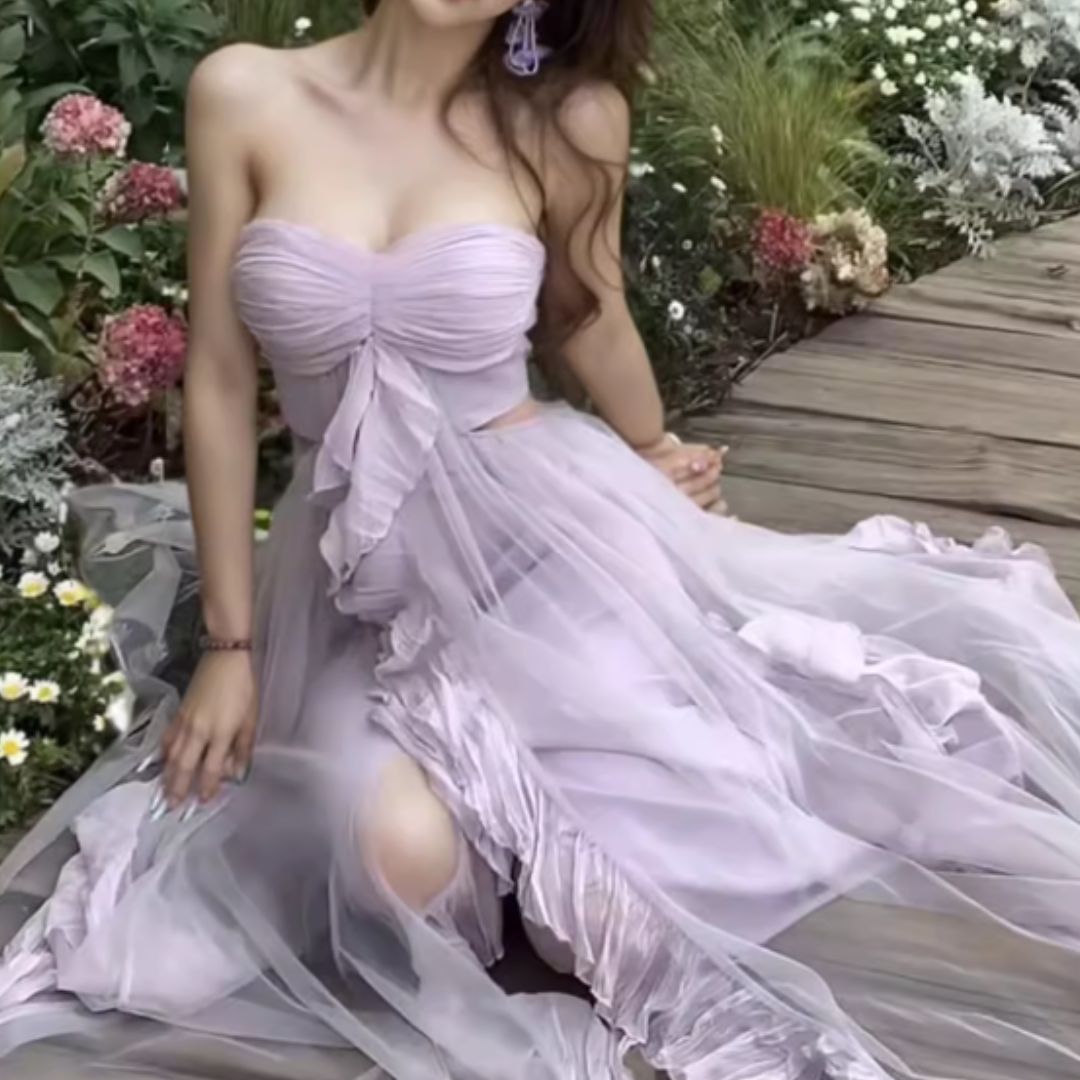 #7917 MESH CAMI STRAPLESS CHIFFON DRESS