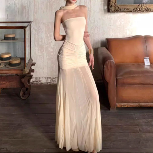 #7918 OFF-SHOULDER MESH STRAPLESS MERMAID LONG DRESS