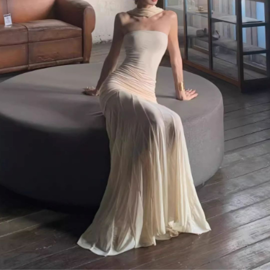 #7918 OFF-SHOULDER MESH STRAPLESS MERMAID LONG DRESS