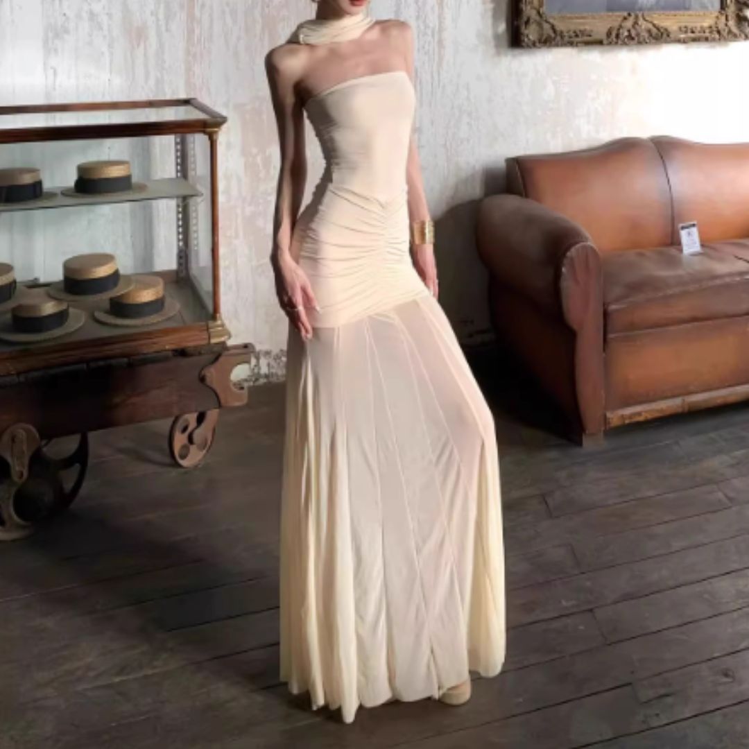 #7918 OFF-SHOULDER MESH STRAPLESS MERMAID LONG DRESS