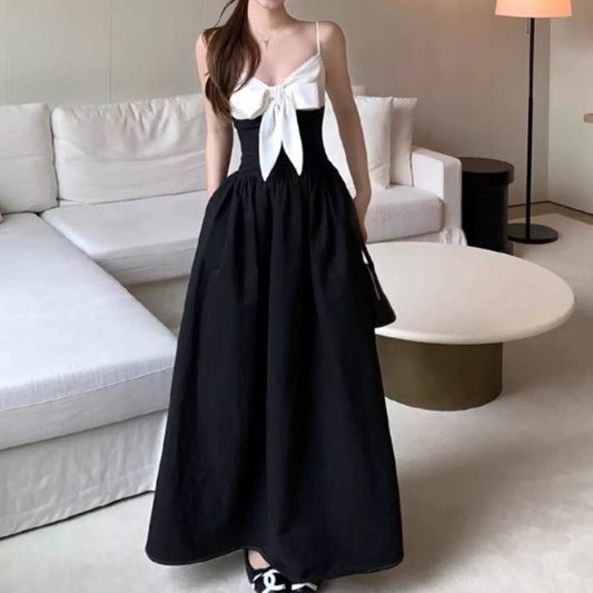 #7919 RETRO COLOR-BLOCK BOW STRAPLESS LONG DRESS