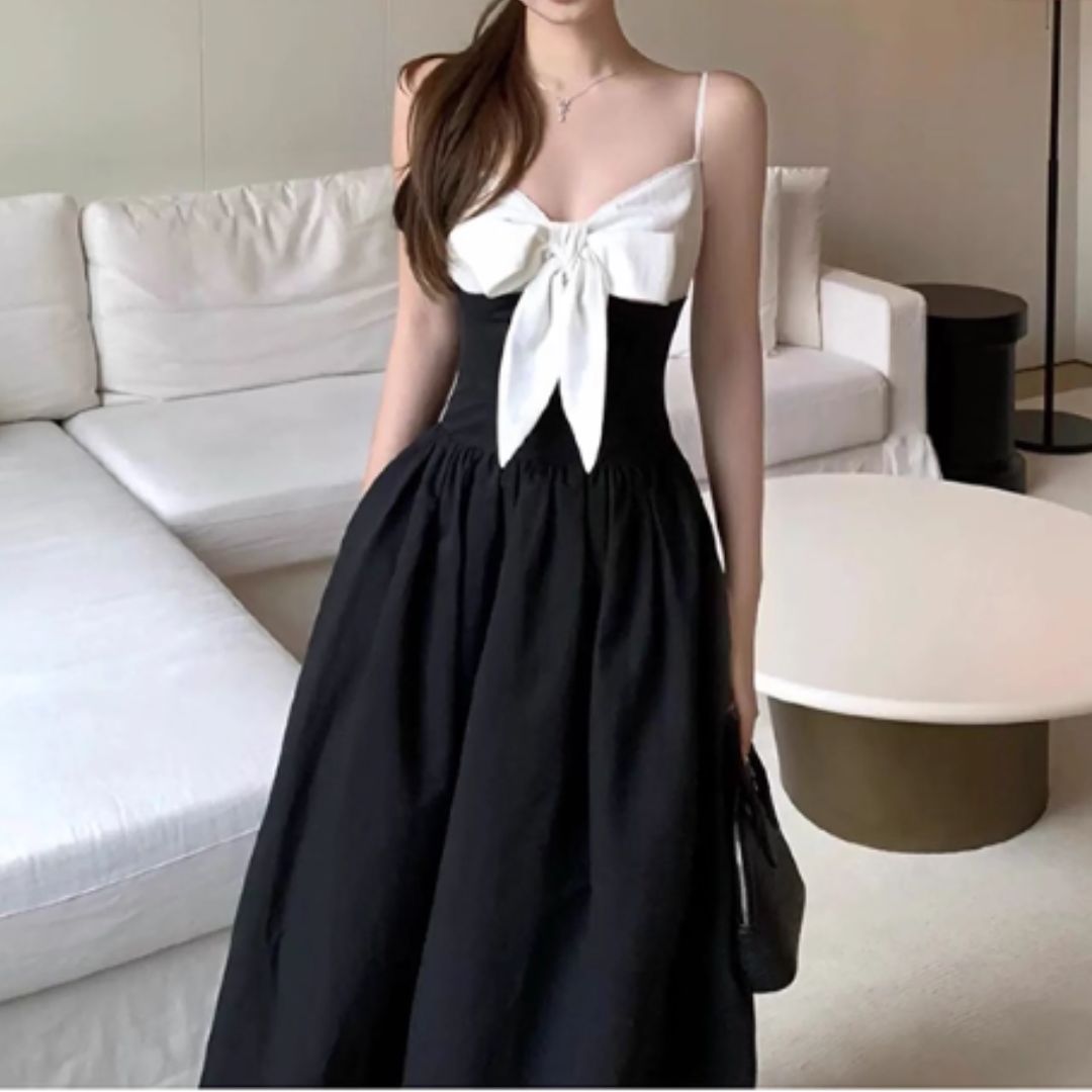 #7919 RETRO COLOR-BLOCK BOW STRAPLESS LONG DRESS