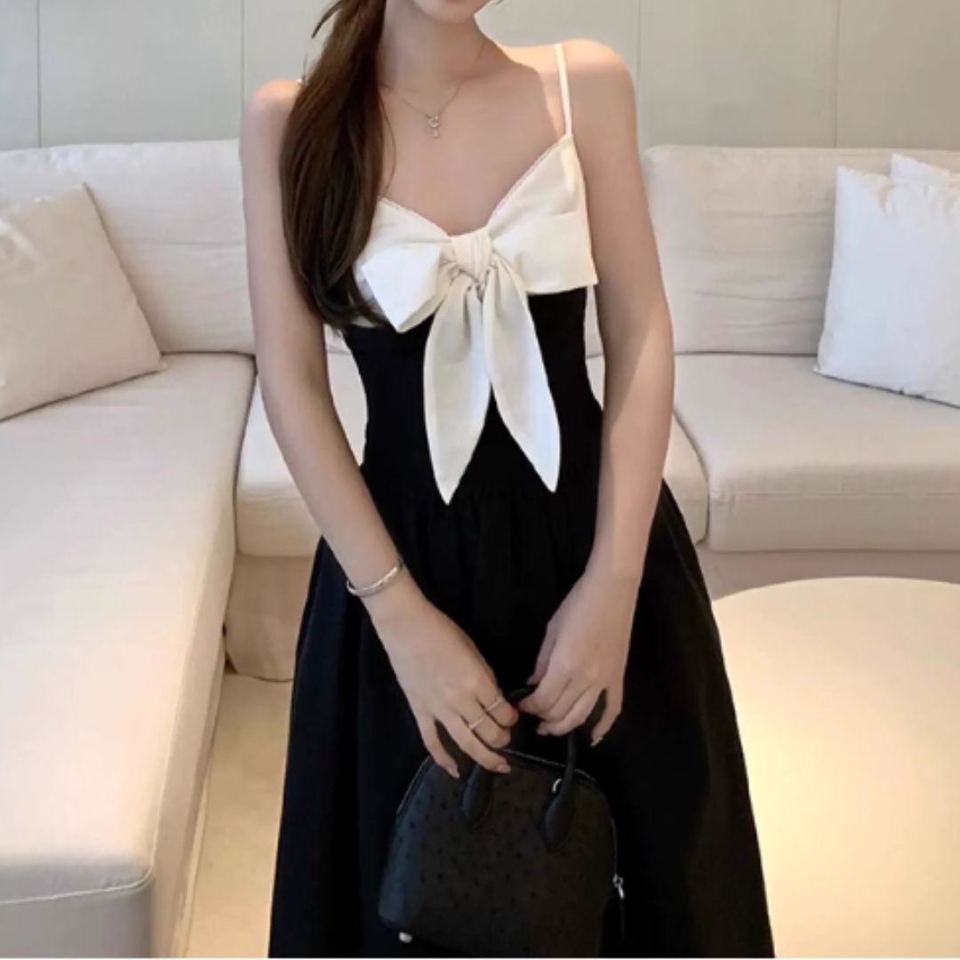 #7919 RETRO COLOR-BLOCK BOW STRAPLESS LONG DRESS
