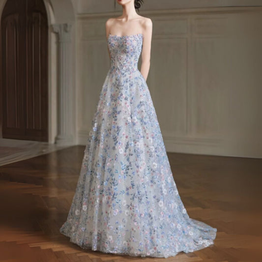 #7938 STRAPLESS FLORAL EVENING DRESS
