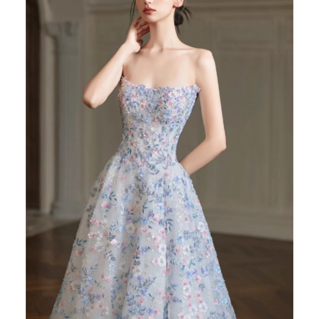 #7938 STRAPLESS FLORAL EVENING DRESS