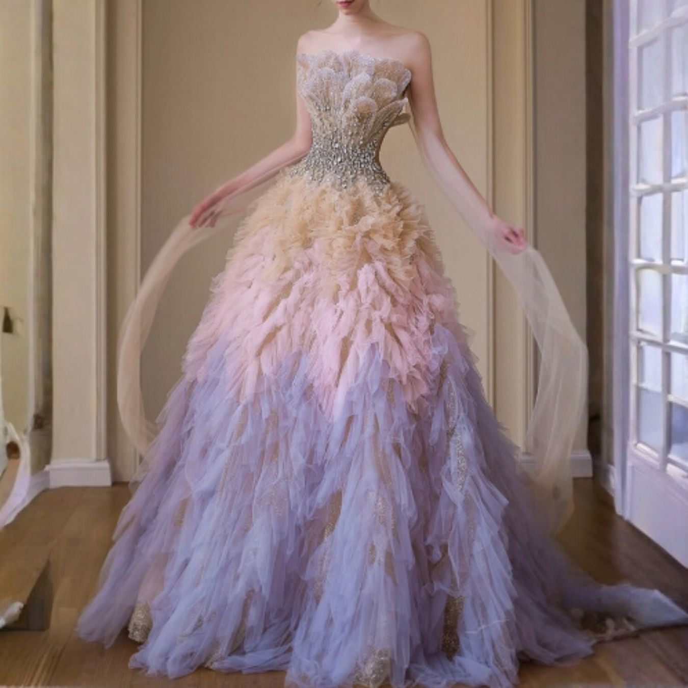 #7939 GRADIENT HEAVY EMBELLISHED EVENING DRESS