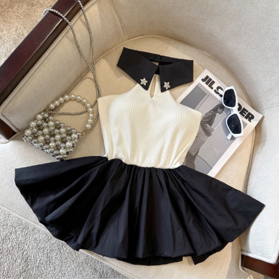 #7947 GLITTERING RHINESTONE PATCHED HALTER NECK DRESS