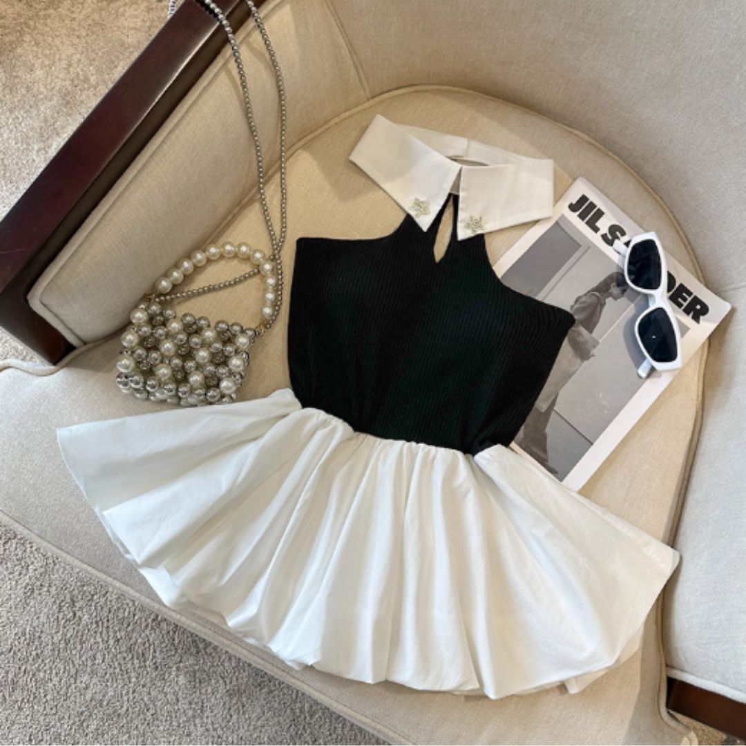 #7947 GLITTERING RHINESTONE PATCHED HALTER NECK DRESS