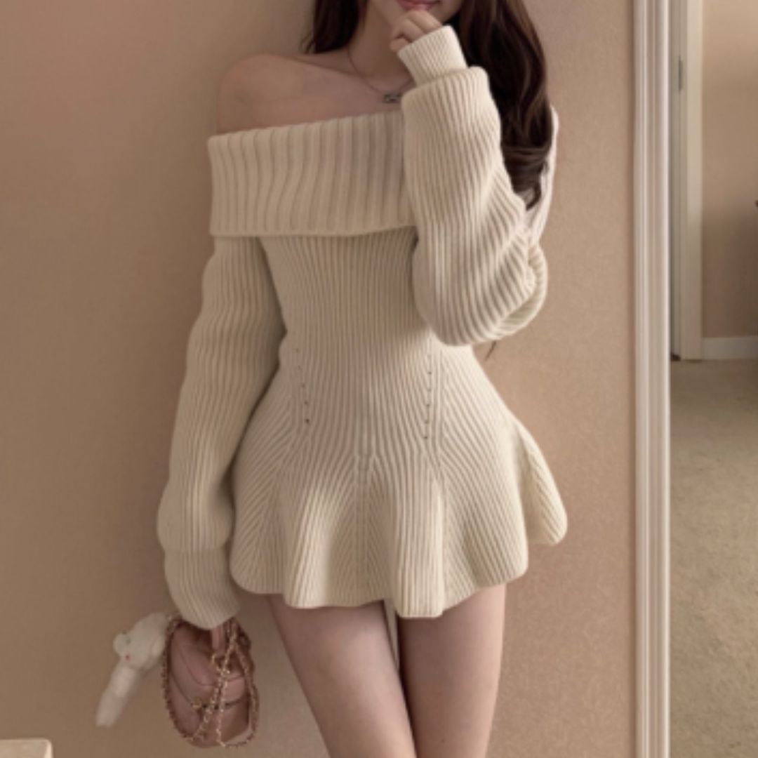 #7950 OFF-SHOULDER KNITTED SWEATER DRESS