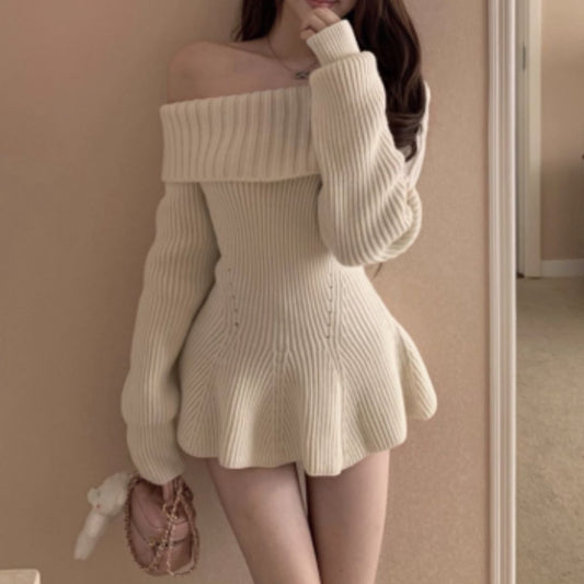#7950 OFF-SHOULDER KNITTED SWEATER DRESS