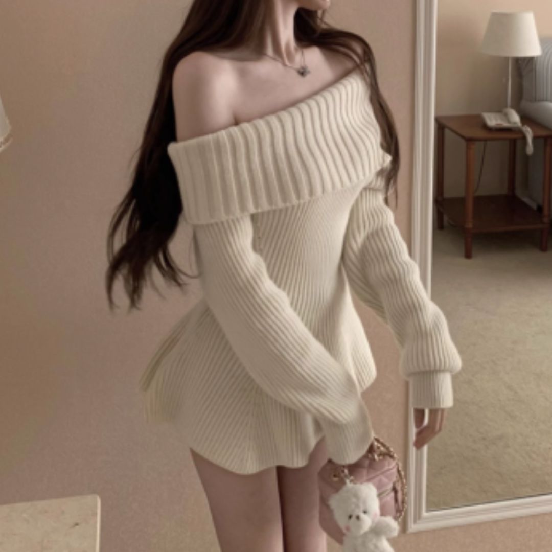 #7950 OFF-SHOULDER KNITTED SWEATER DRESS