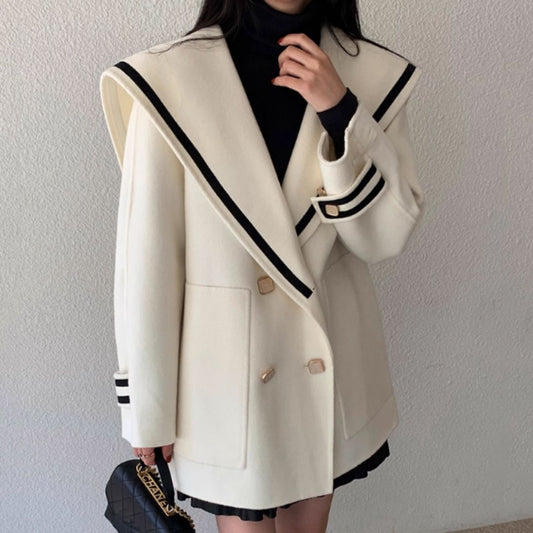 #7957 NAVY COLLAR COLOR-BLOCKED DOUBLE-BREASTED LOOSE WOOL JACKET