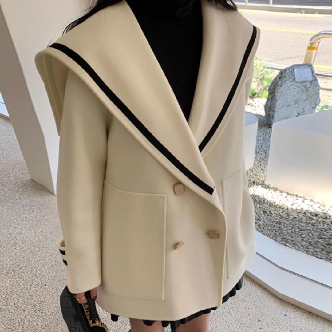 #7957 NAVY COLLAR COLOR-BLOCKED DOUBLE-BREASTED LOOSE WOOL JACKET