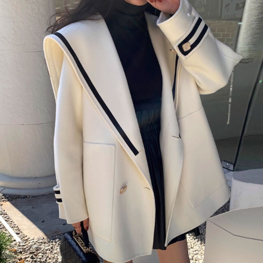 #7957 NAVY COLLAR COLOR-BLOCKED DOUBLE-BREASTED LOOSE WOOL JACKET