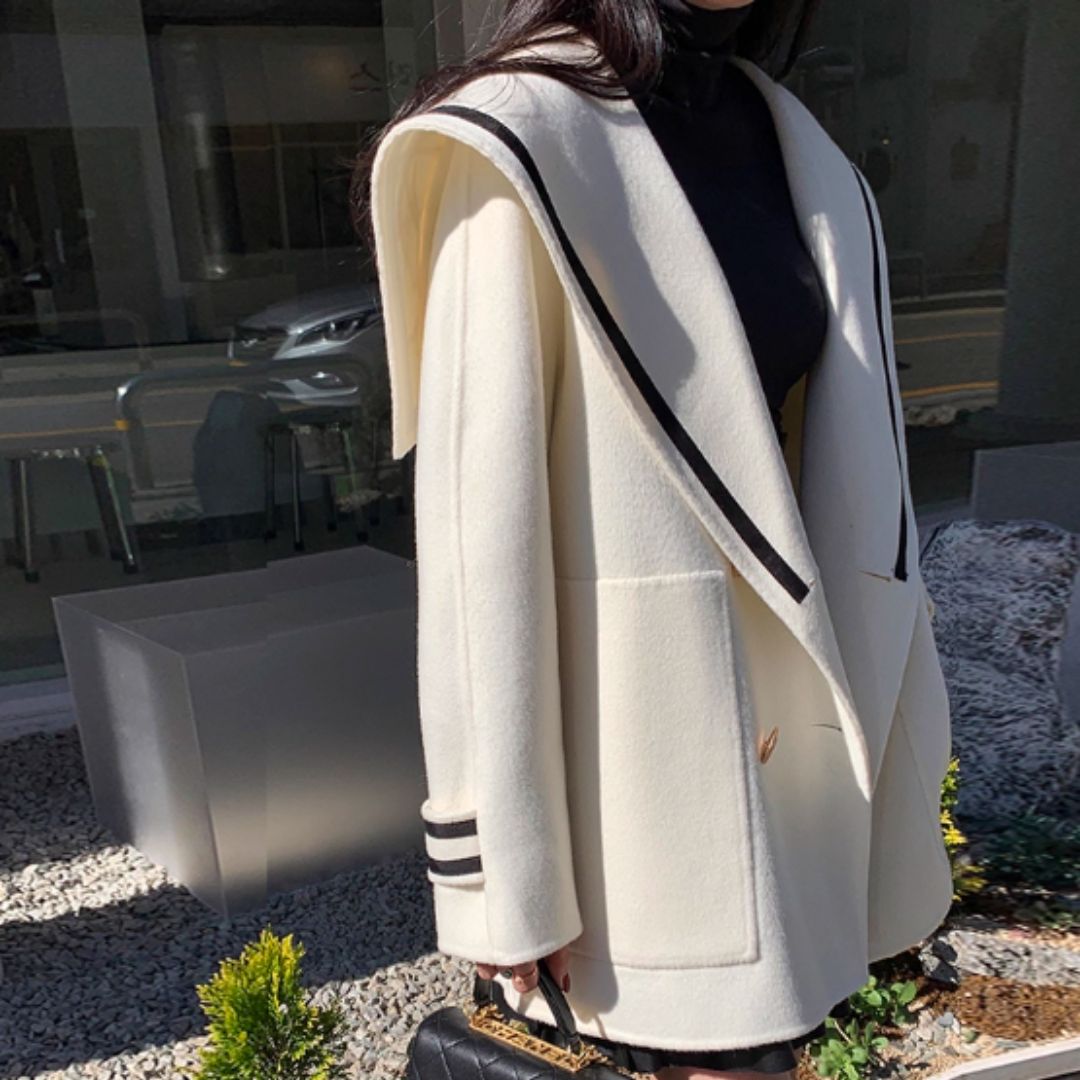 #7957 NAVY COLLAR COLOR-BLOCKED DOUBLE-BREASTED LOOSE WOOL JACKET