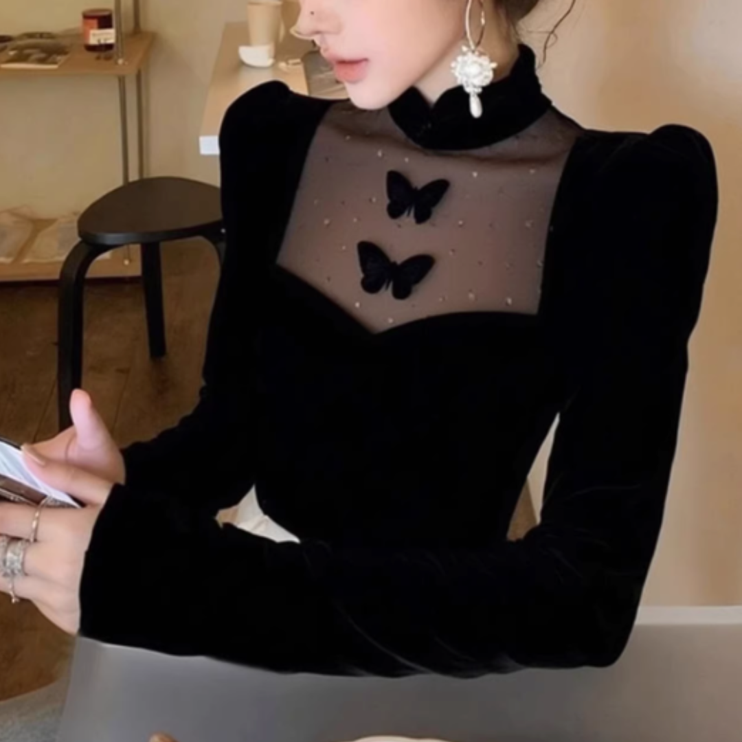 STAND COLLAR FITTED VELVET LONG SLEEVE TOP #7962