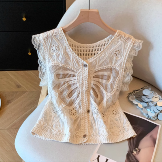 LACE TRIM CROCHET KNIT VEST TOP #7963