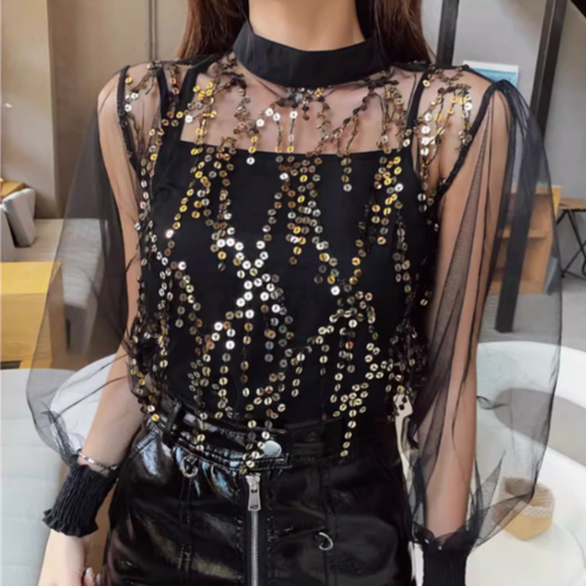 TULLE SEQUIN FRINGE VEST TOP #7966