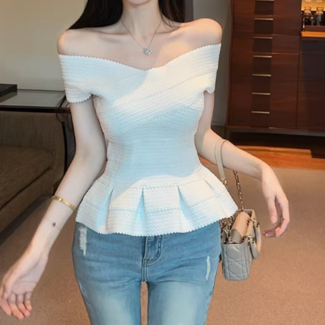 RUFFLE HEM OFF-SHOULDER FITTED TOP #7968