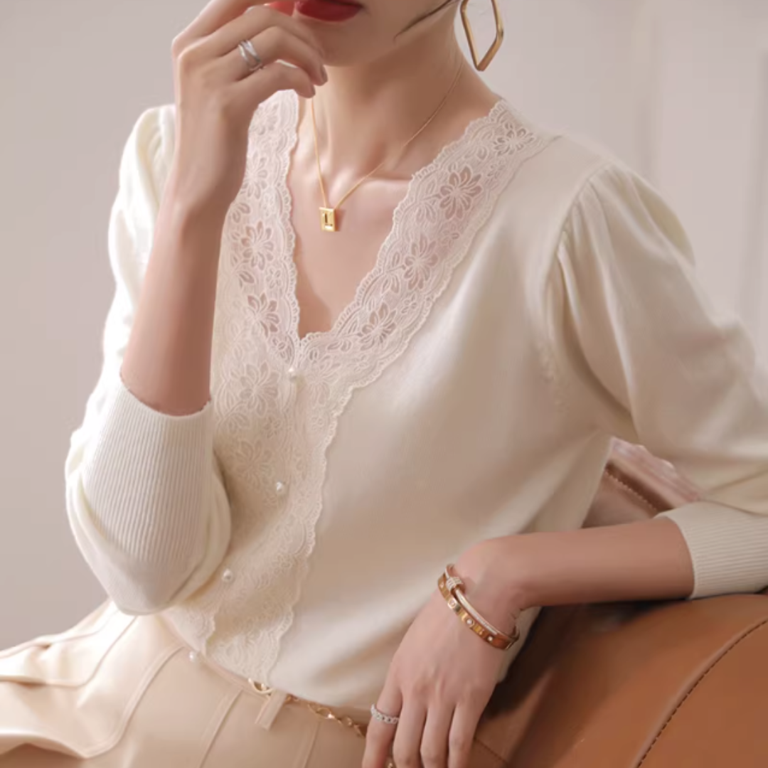 V-NECK LACE TRIM KNIT LONG SLEEVE TOP #7969