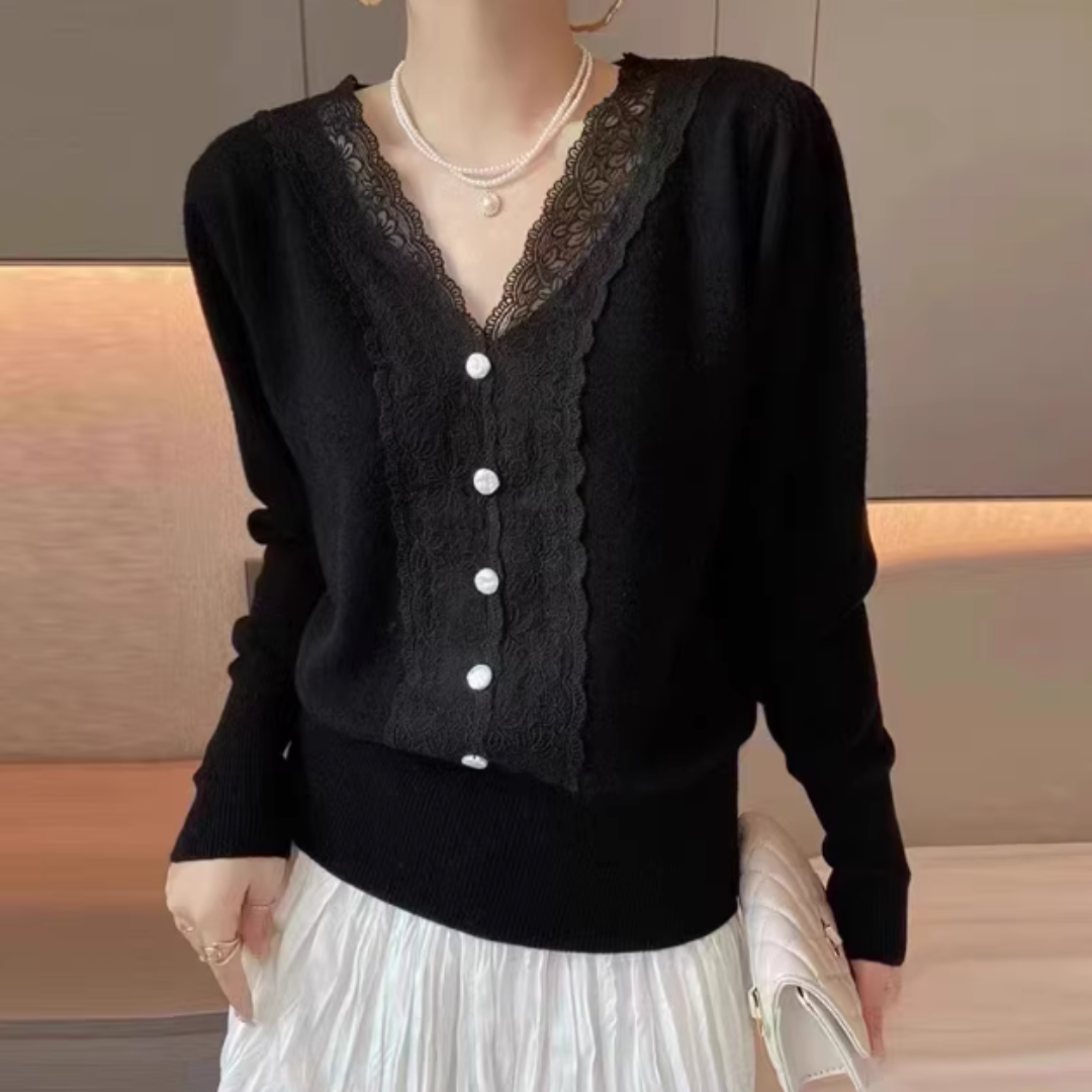 V-NECK LACE TRIM KNIT LONG SLEEVE TOP #7969