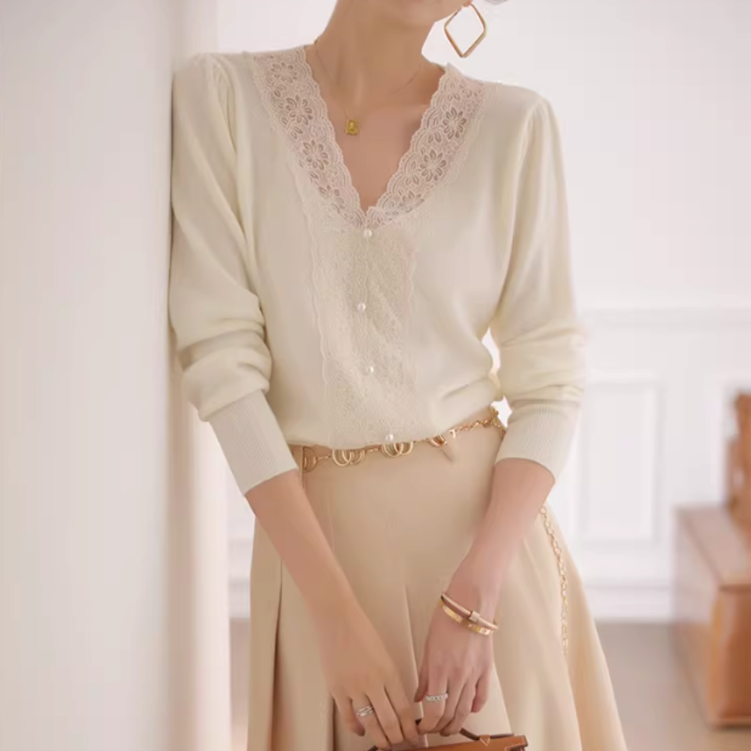 V-NECK LACE TRIM KNIT LONG SLEEVE TOP #7969