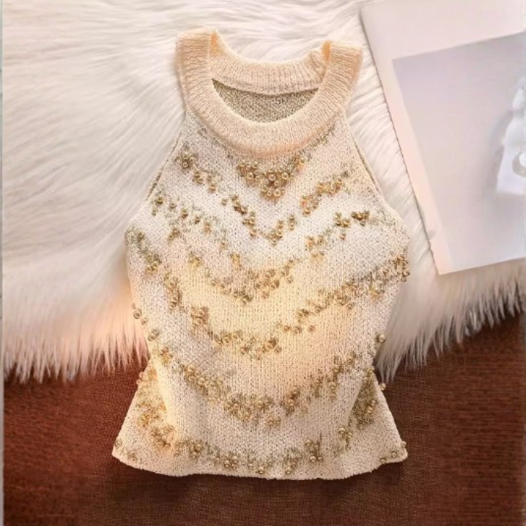 BEADED HALTER NECK KNIT SLEEVELESS TOP #7970