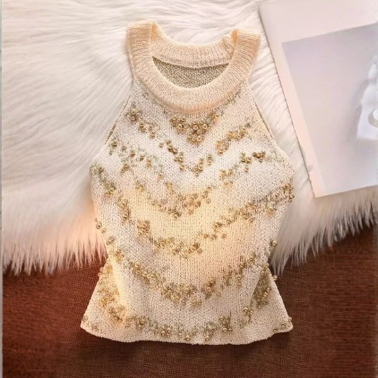 BEADED HALTER NECK KNIT SLEEVELESS TOP #7970