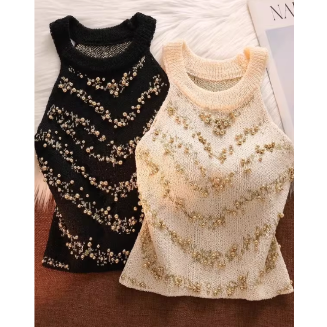 BEADED HALTER NECK KNIT SLEEVELESS TOP #7970