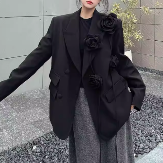 3D FLORAL EMBELLISHED BLACK BLAZER #7972