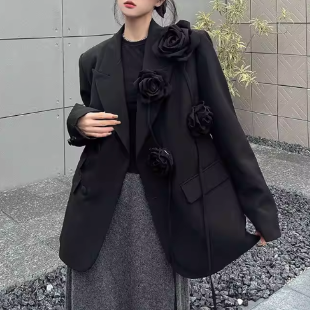 3D FLORAL EMBELLISHED BLACK BLAZER #7972