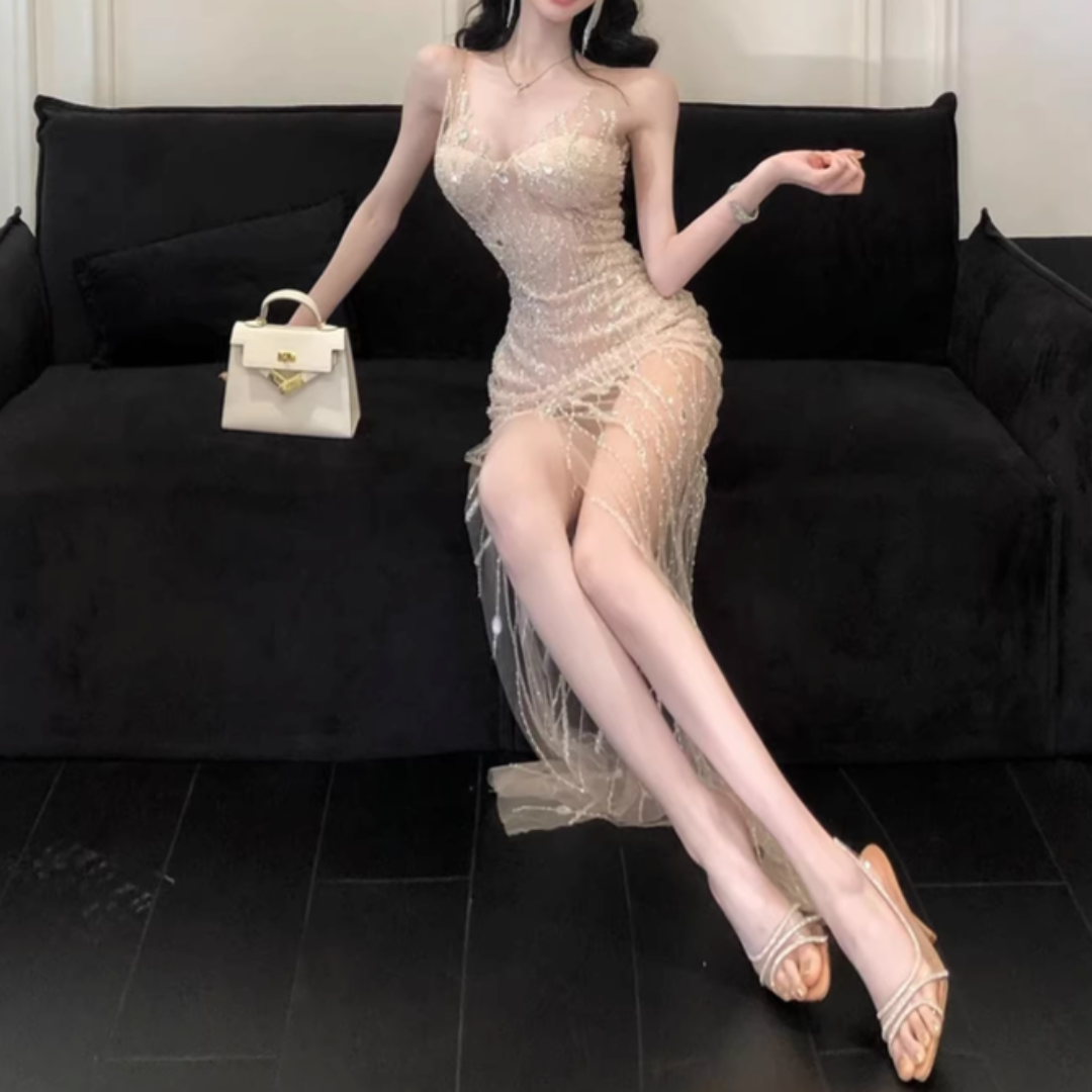 BEADED TANK BODYCON MESH HEM EVENING DRESS #7974